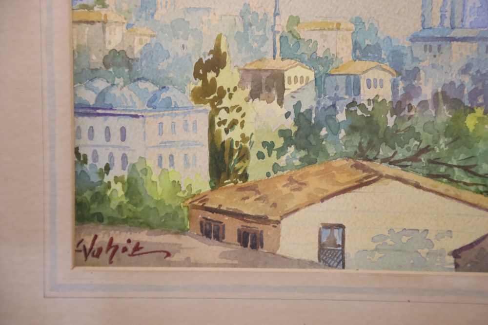 Vajit Armagan, watercolour, View of Constantinople across the Bosphorus, signed, 24 x 39cm